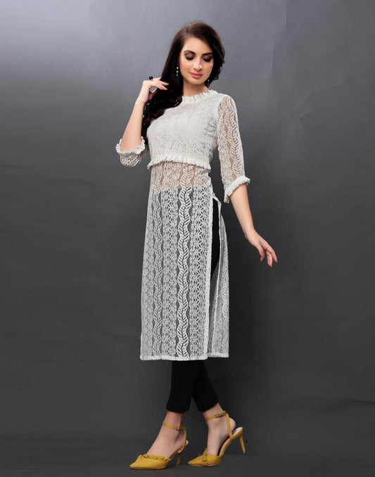 Glamorous White Coloured Net Russell Net Dress | Sudathi