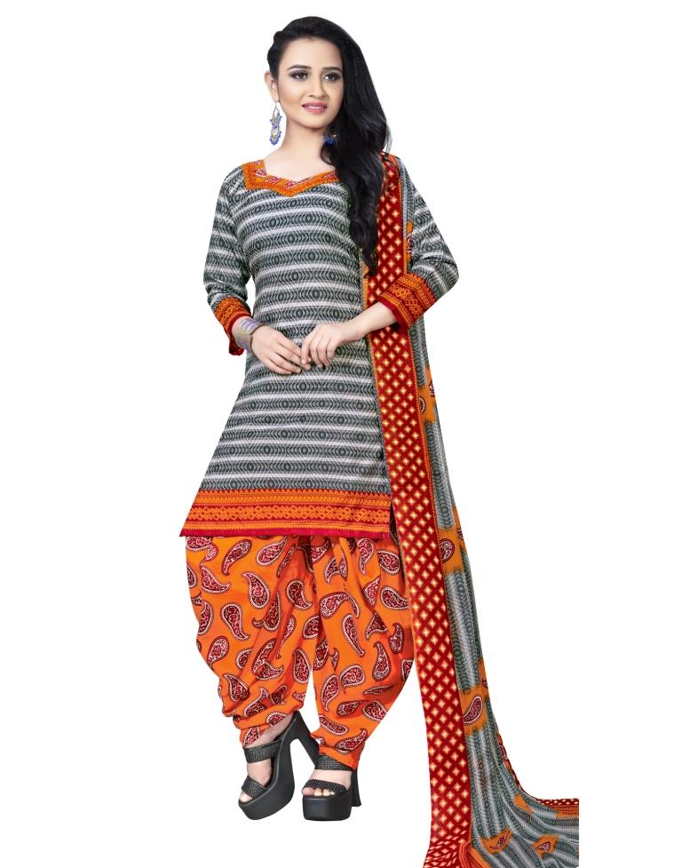 Grey Cotton Printed Unstitched Salwar Suit | Sudathi