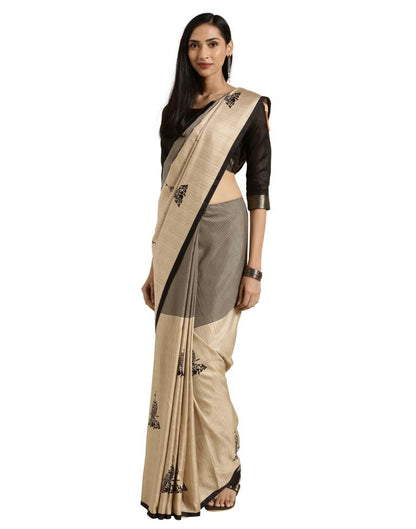 Beige Printed Silk Saree