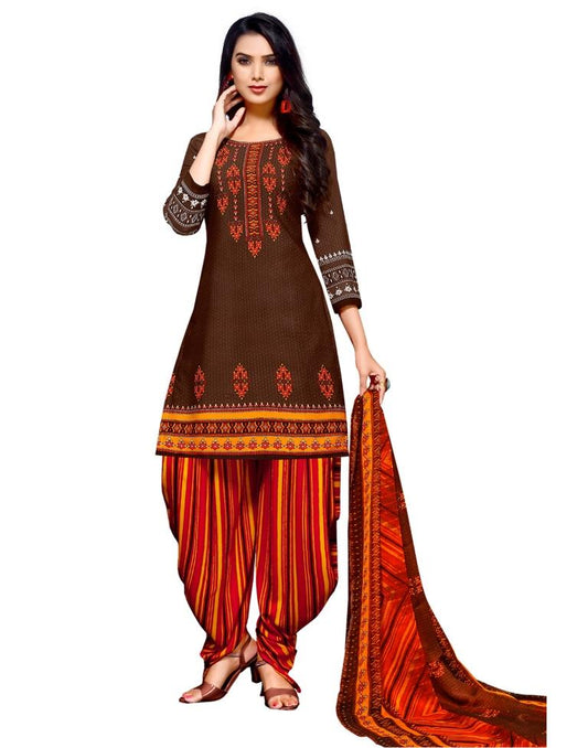 Brown Printed Unstitched Salwar Suit | Sudathi