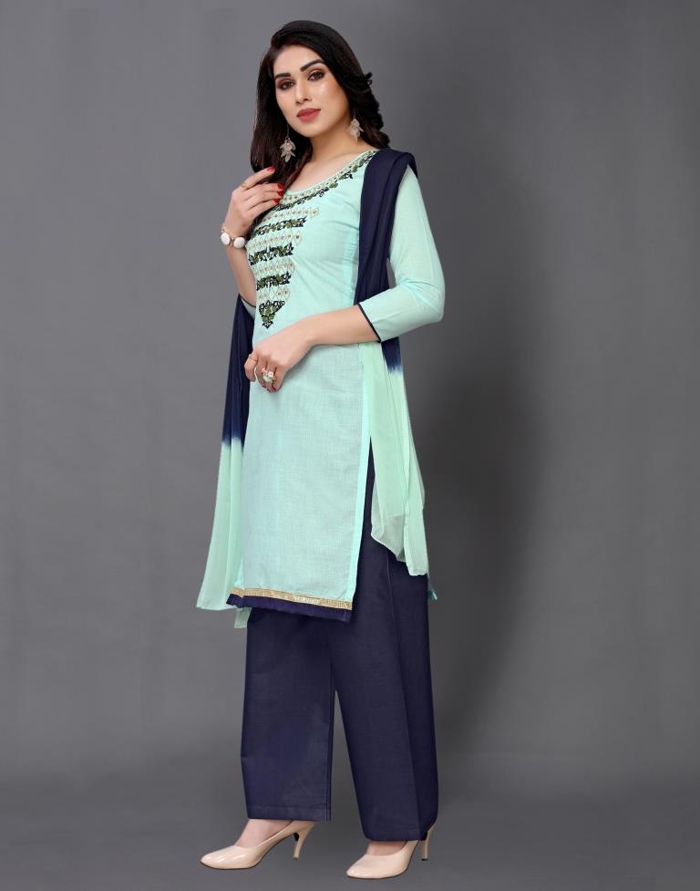 Light Turquoise Blue Cotton Embroidered Unstitched Salwar Suit | Sudathi