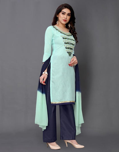 Light Turquoise Blue Cotton Embroidered Unstitched Salwar Suit | Sudathi