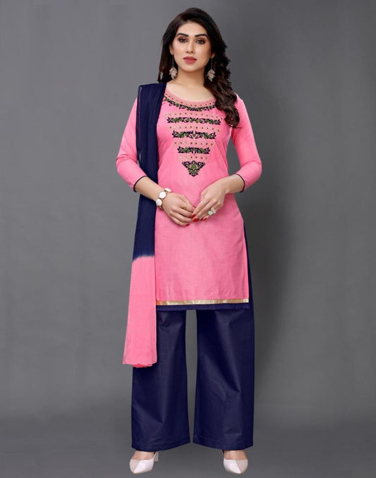 Pink Cotton Embroidered Unstitched Salwar Suit | Sudathi