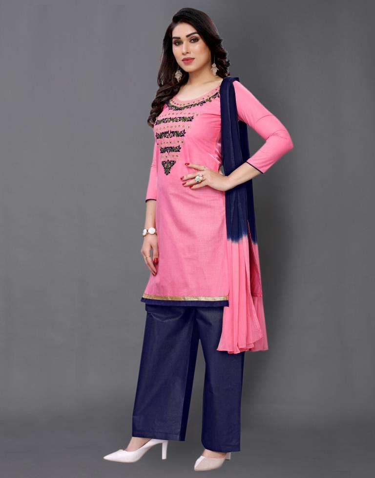 Pink Cotton Embroidered Unstitched Salwar Suit | Sudathi