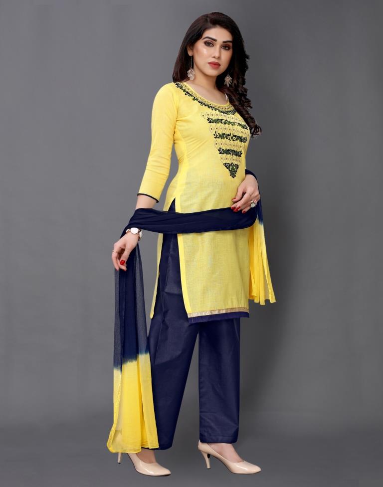 Yellow Cotton Embroidered Unstitched Salwar Suit | Sudathi