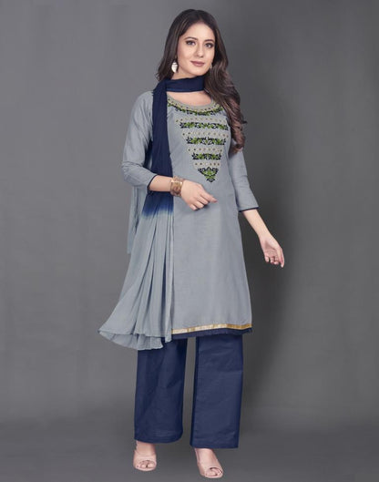 Grey Cotton Embroidered Unstitched Salwar Suit | Sudathi