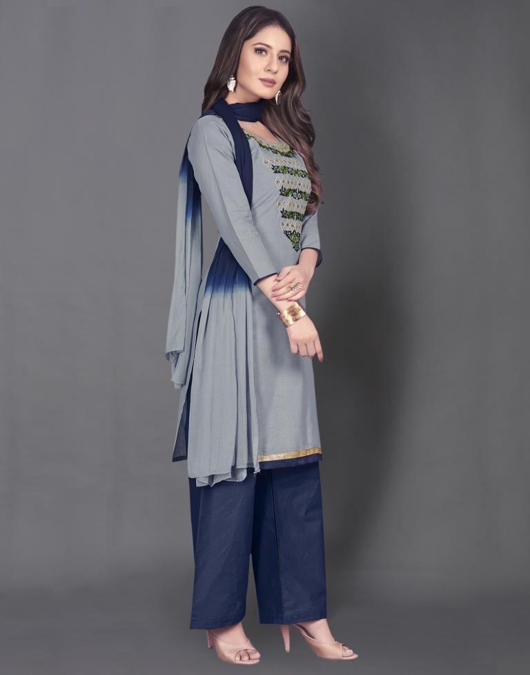 Grey Cotton Embroidered Unstitched Salwar Suit | Sudathi