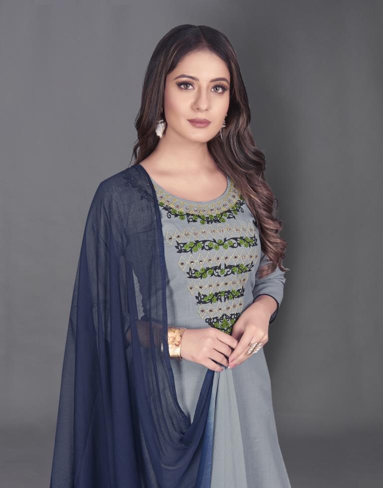 Grey Cotton Embroidered Unstitched Salwar Suit | Sudathi