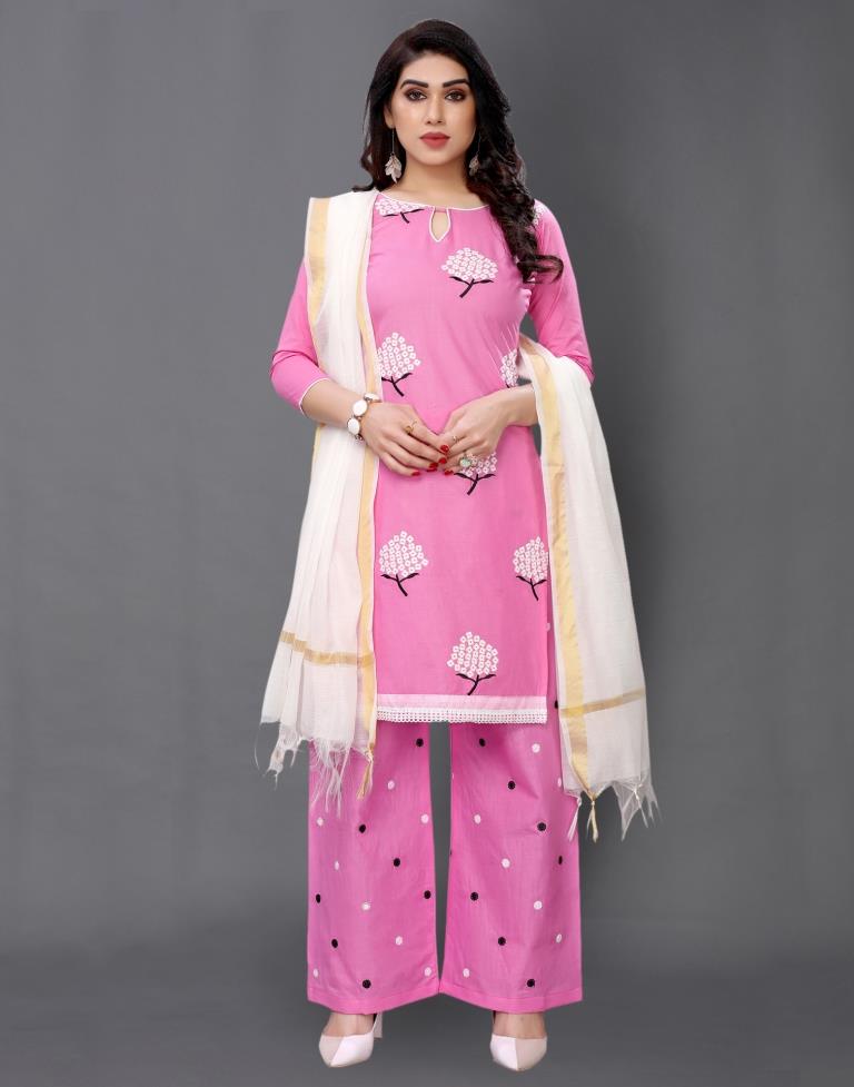 Pink Cotton Embroidered Unstitched Salwar Suit | Sudathi