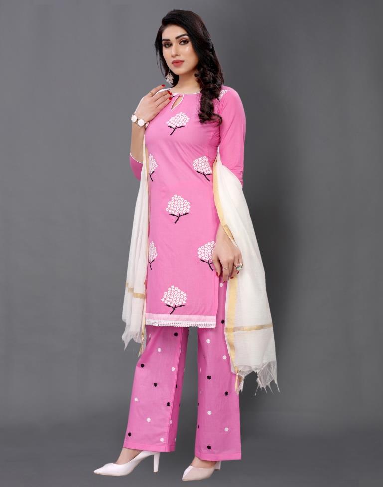 Pink Cotton Embroidered Unstitched Salwar Suit | Sudathi