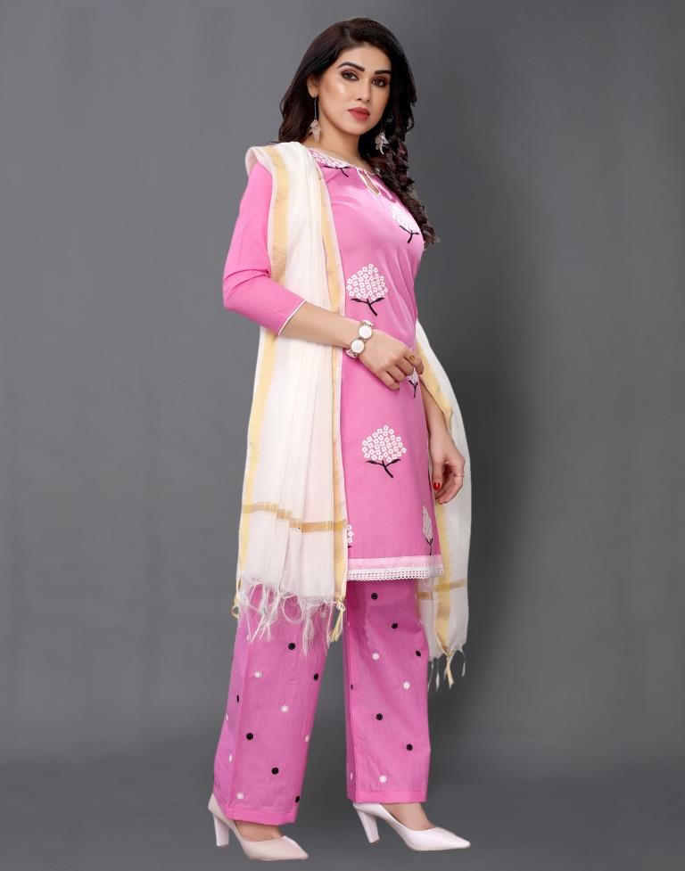 Pink Cotton Embroidered Unstitched Salwar Suit | Sudathi