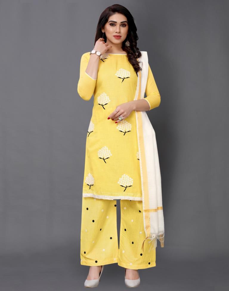 Yellow Cotton Embroidered Unstitched Salwar Suit | Sudathi