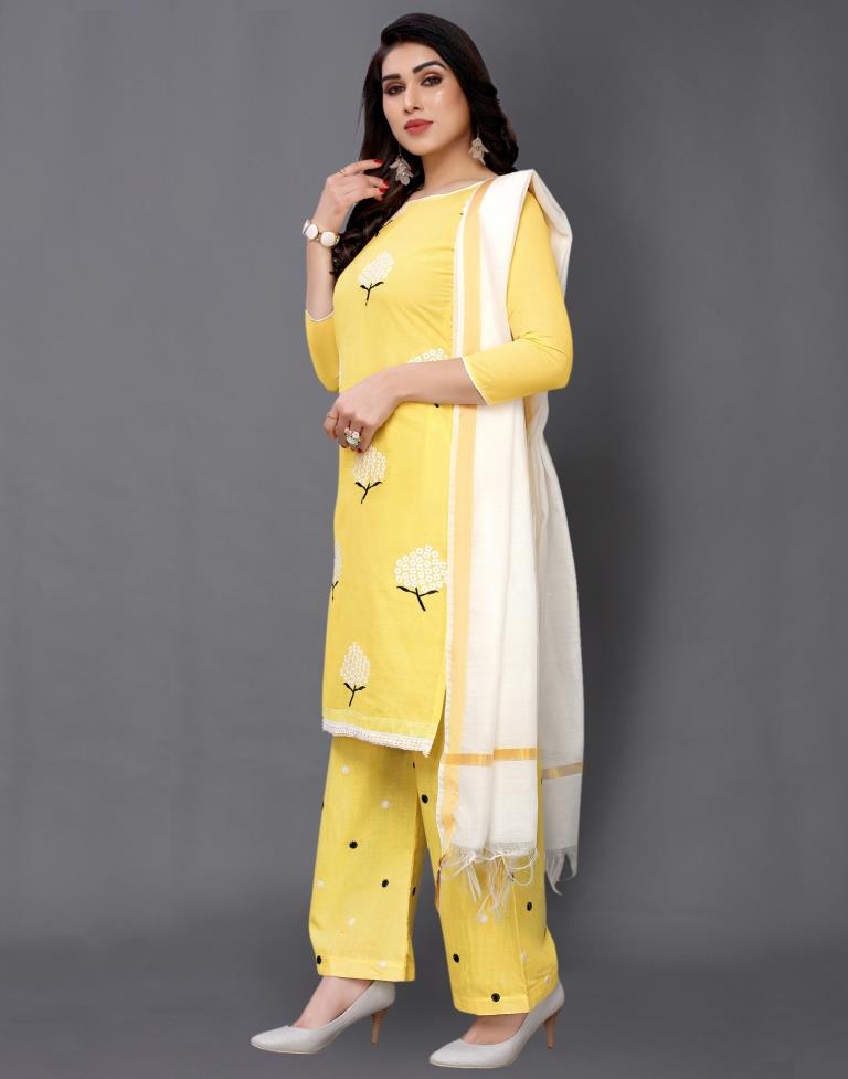 Yellow Cotton Embroidered Unstitched Salwar Suit | Sudathi