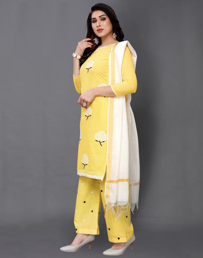 Yellow Cotton Embroidered Unstitched Salwar Suit | Sudathi