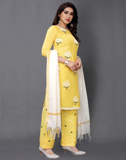 Yellow Cotton Embroidered Unstitched Salwar Suit | Sudathi