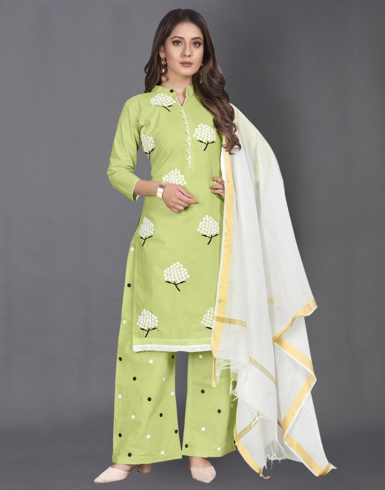 Light Green Cotton Embroidered Unstitched Salwar Suit | Sudathi