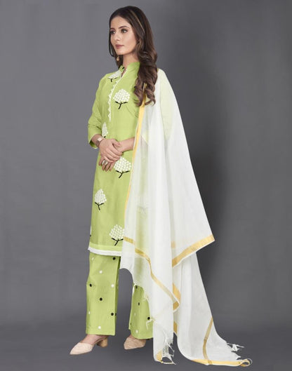 Light Green Cotton Embroidered Unstitched Salwar Suit | Sudathi