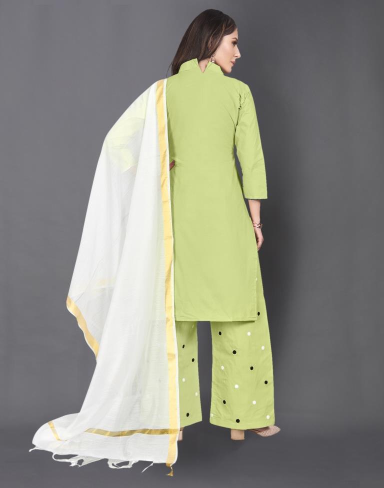 Light Green Cotton Embroidered Unstitched Salwar Suit | Sudathi