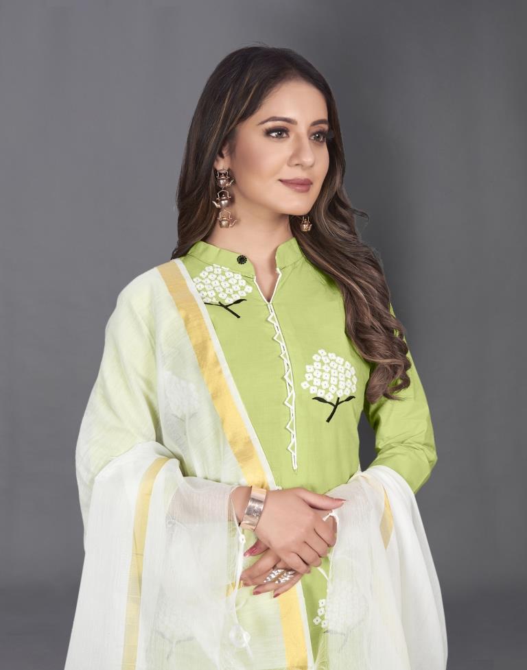 Light Green Cotton Embroidered Unstitched Salwar Suit | Sudathi