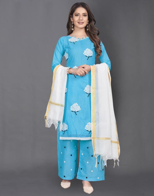 Blue Cotton Embroidered Unstitched Salwar Suit | Sudathi