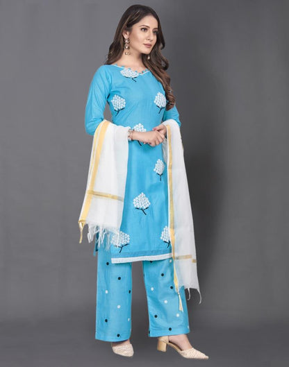 Blue Cotton Embroidered Unstitched Salwar Suit | Sudathi