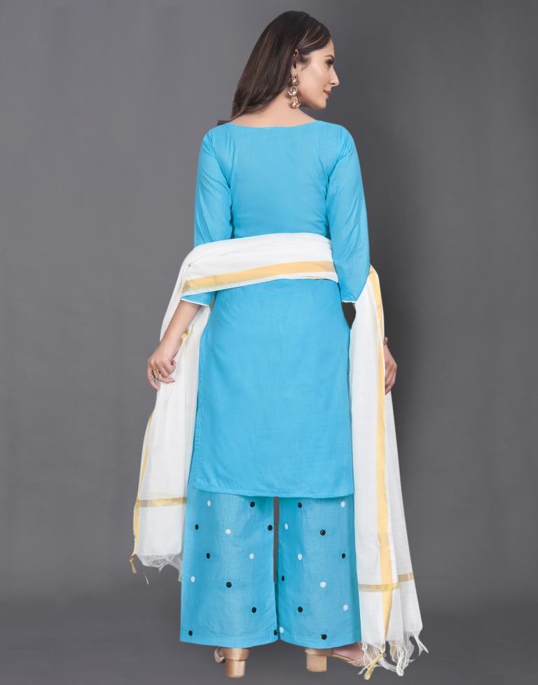 Blue Cotton Embroidered Unstitched Salwar Suit | Sudathi