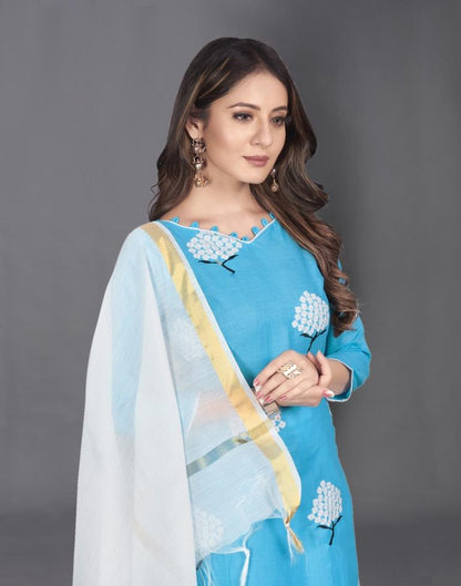 Blue Cotton Embroidered Unstitched Salwar Suit | Sudathi