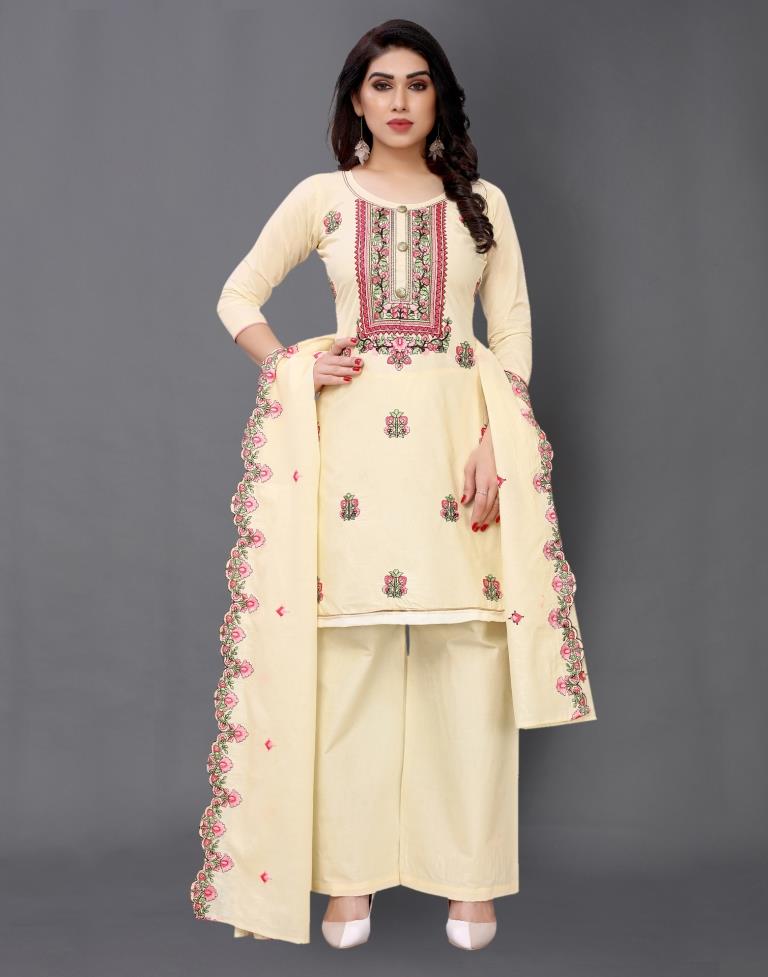 Cream Cotton Embroidered Unstitched Salwar Suit | Sudathi