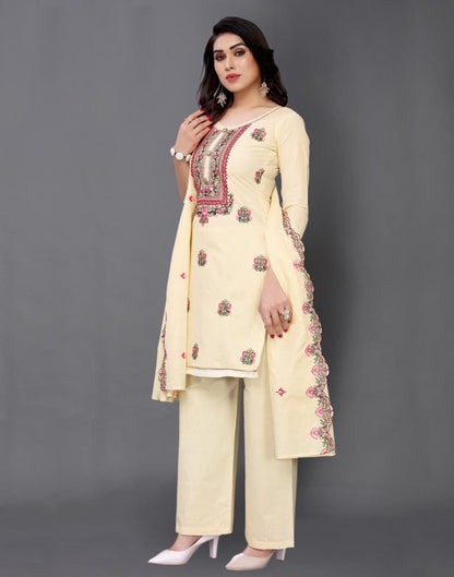 Cream Cotton Embroidered Unstitched Salwar Suit | Sudathi