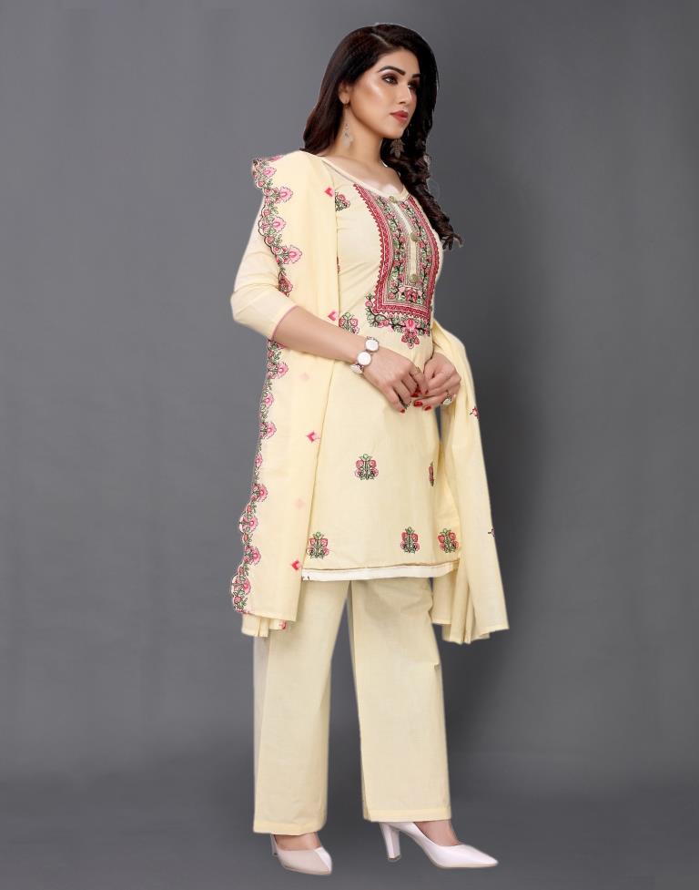 Cream Cotton Embroidered Unstitched Salwar Suit | Sudathi