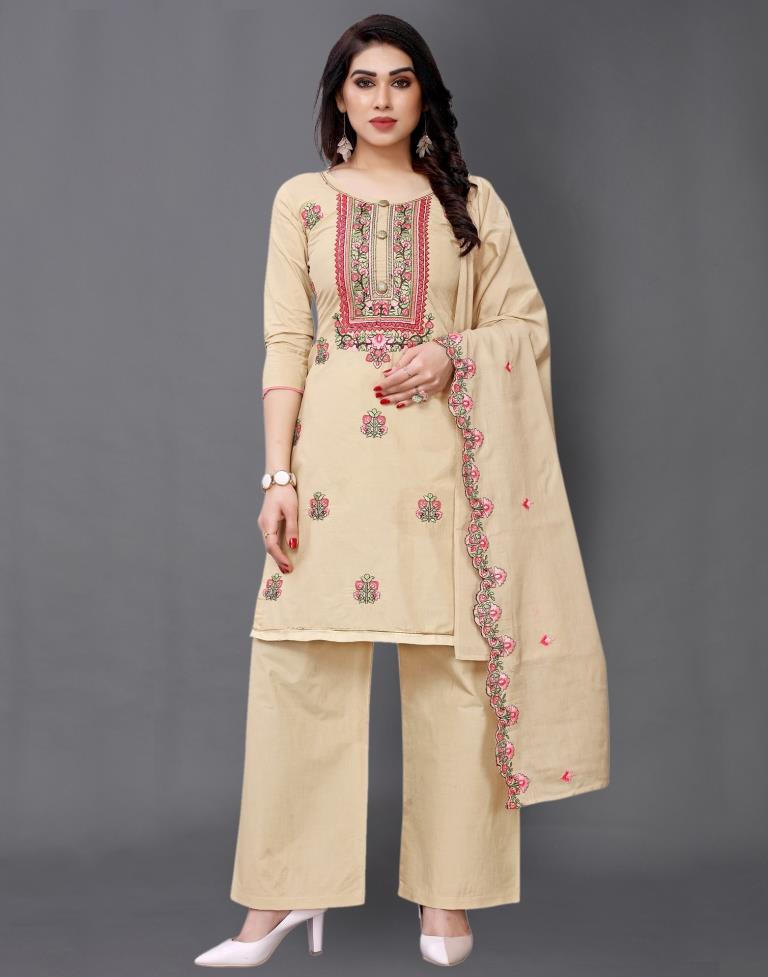 Warm Beige Cotton Embroidered Unstitched Salwar Suit | Sudathi