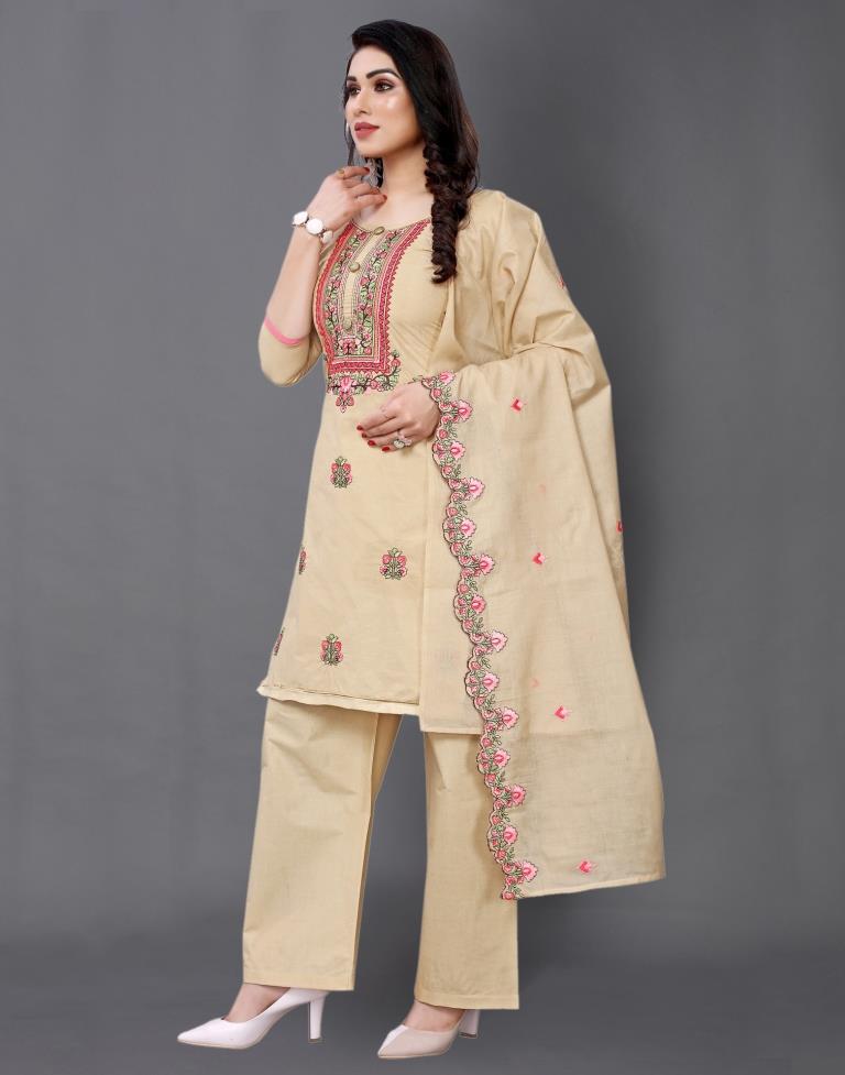 Warm Beige Cotton Embroidered Unstitched Salwar Suit | Sudathi