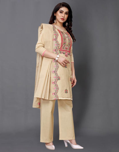 Warm Beige Cotton Embroidered Unstitched Salwar Suit | Sudathi