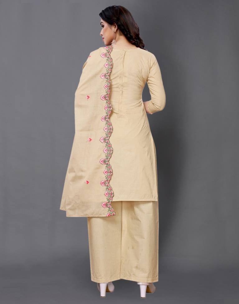 Warm Beige Cotton Embroidered Unstitched Salwar Suit | Sudathi