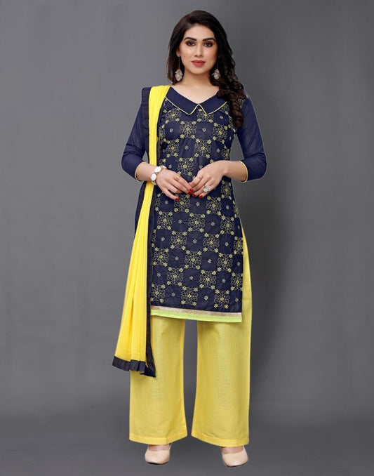 Navy Blue Cotton Embroidered Unstitched Salwar Suit | Sudathi