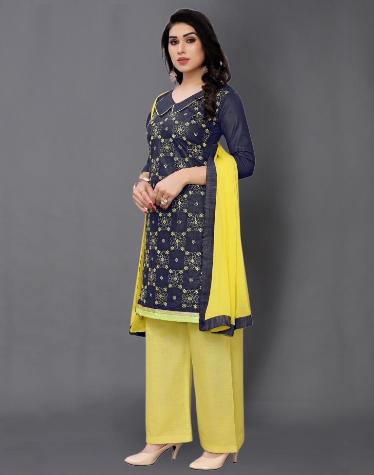 Navy Blue Cotton Embroidered Unstitched Salwar Suit | Sudathi