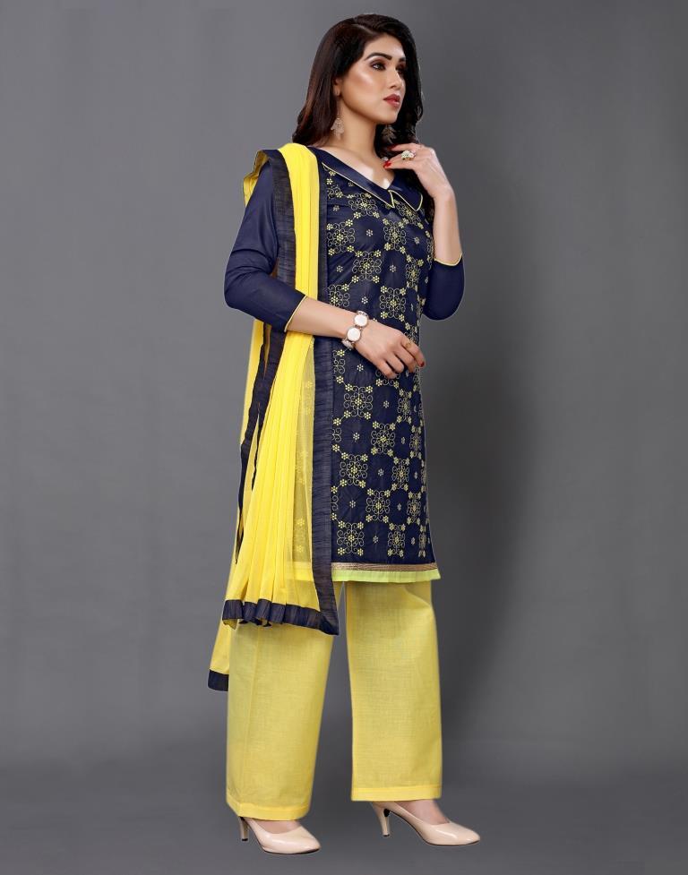 Navy Blue Cotton Embroidered Unstitched Salwar Suit | Sudathi