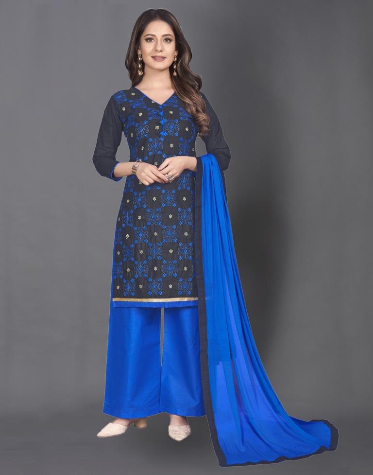 Navy Blue Cotton Embroidered Unstitched Salwar Suit | Sudathi