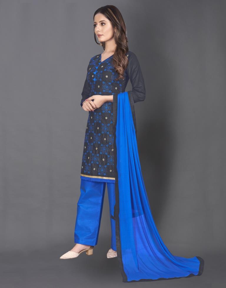 Navy Blue Cotton Embroidered Unstitched Salwar Suit | Sudathi