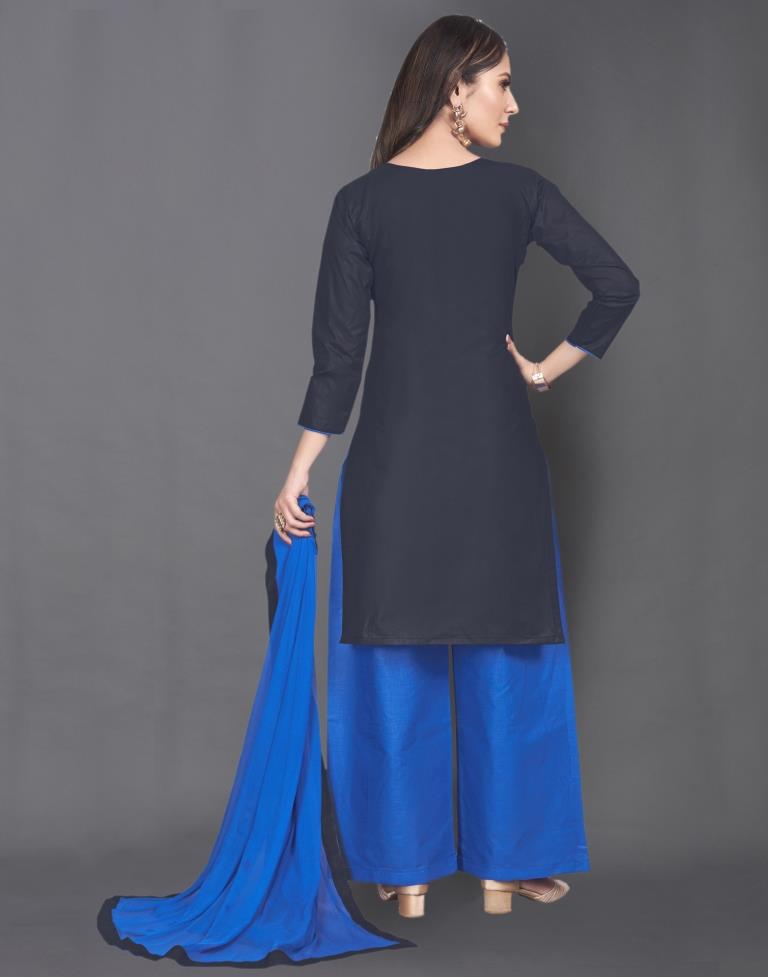 Navy Blue Cotton Embroidered Unstitched Salwar Suit | Sudathi