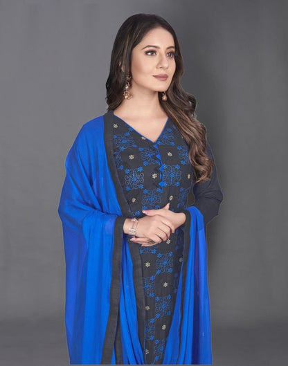 Navy Blue Cotton Embroidered Unstitched Salwar Suit | Sudathi