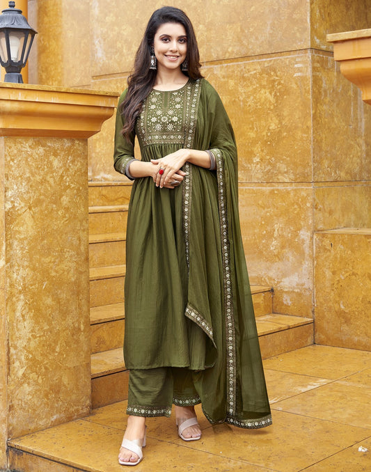 Mehandi Green Printed Muslin A-Line Kurta With Pant And Dupatta