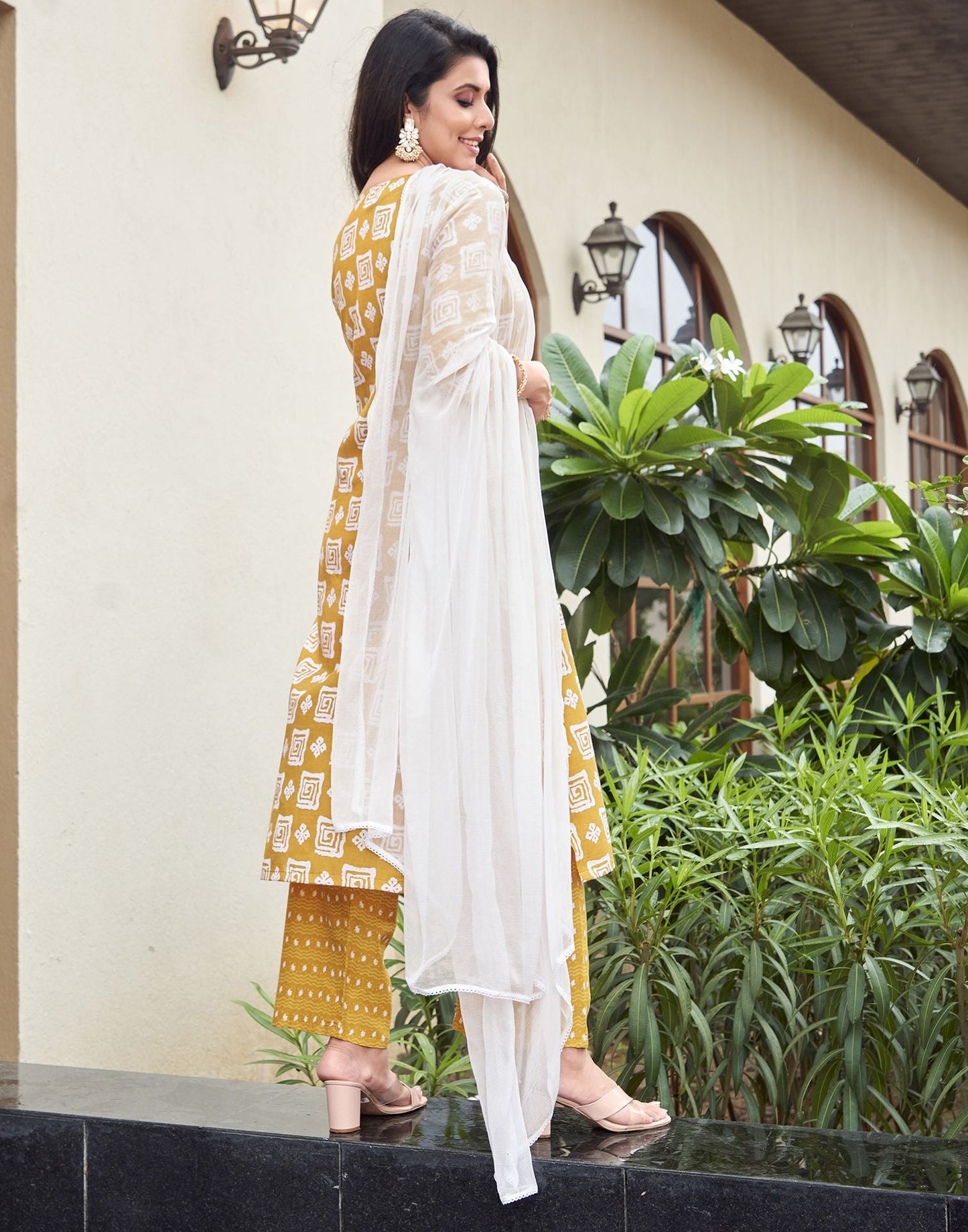 Turmeric Printed Cotton Straight Kurta With Pant And Dupatta