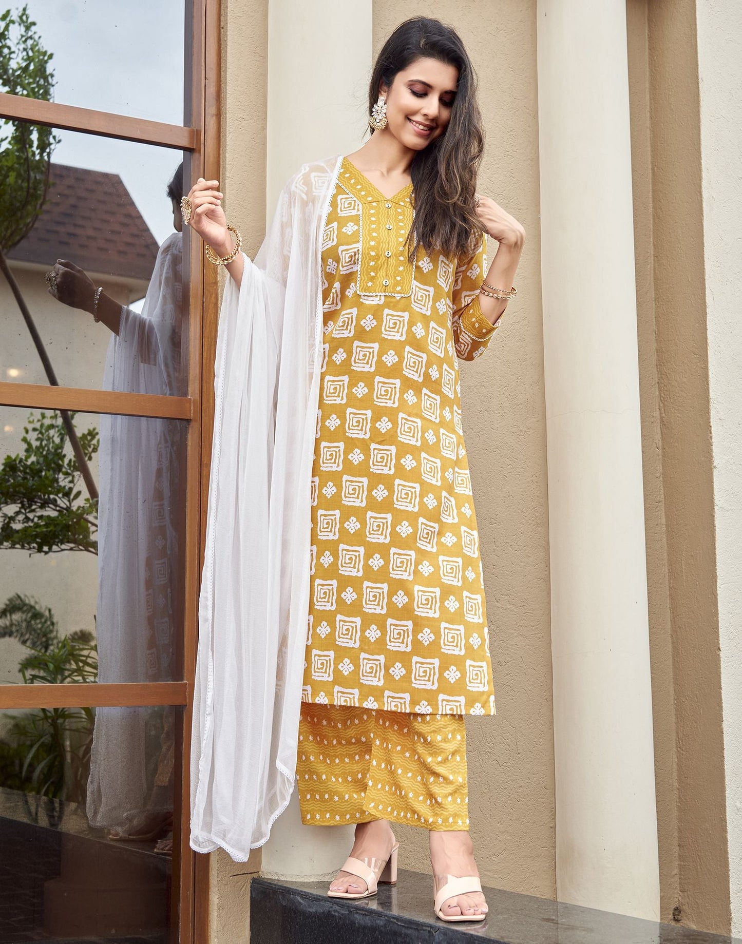 Turmeric Printed Cotton Straight Kurta With Pant And Dupatta