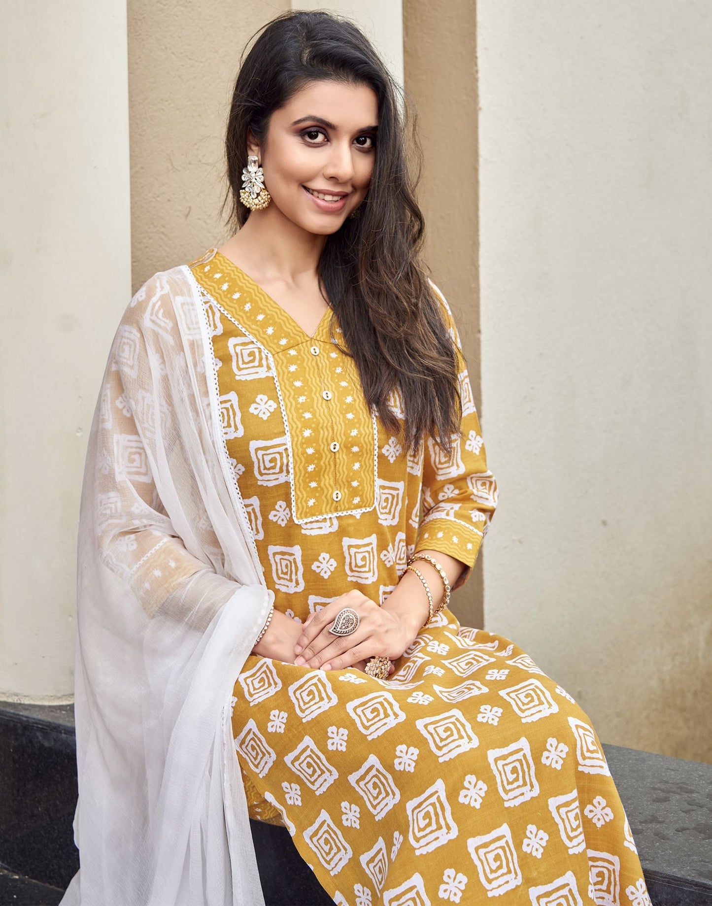 Turmeric Printed Cotton Straight Kurta With Pant And Dupatta