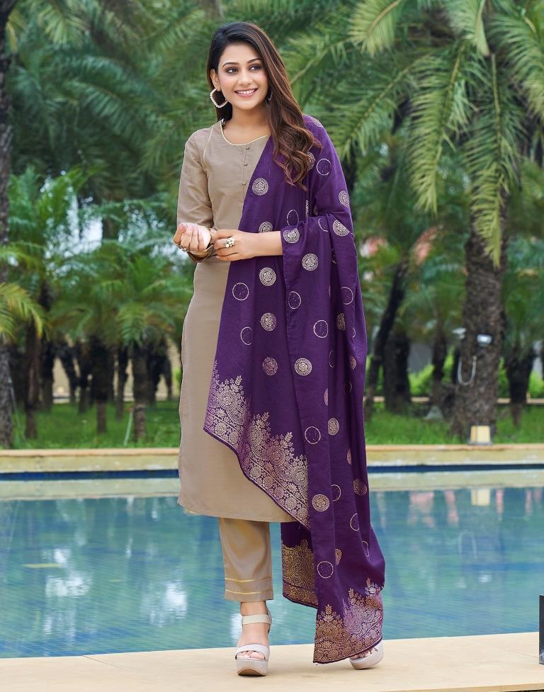 Beige Plain Silk Straight Kurta With Pant And Dupatta