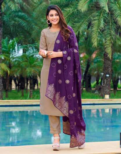 Beige Plain Silk Straight Kurta With Pant And Dupatta