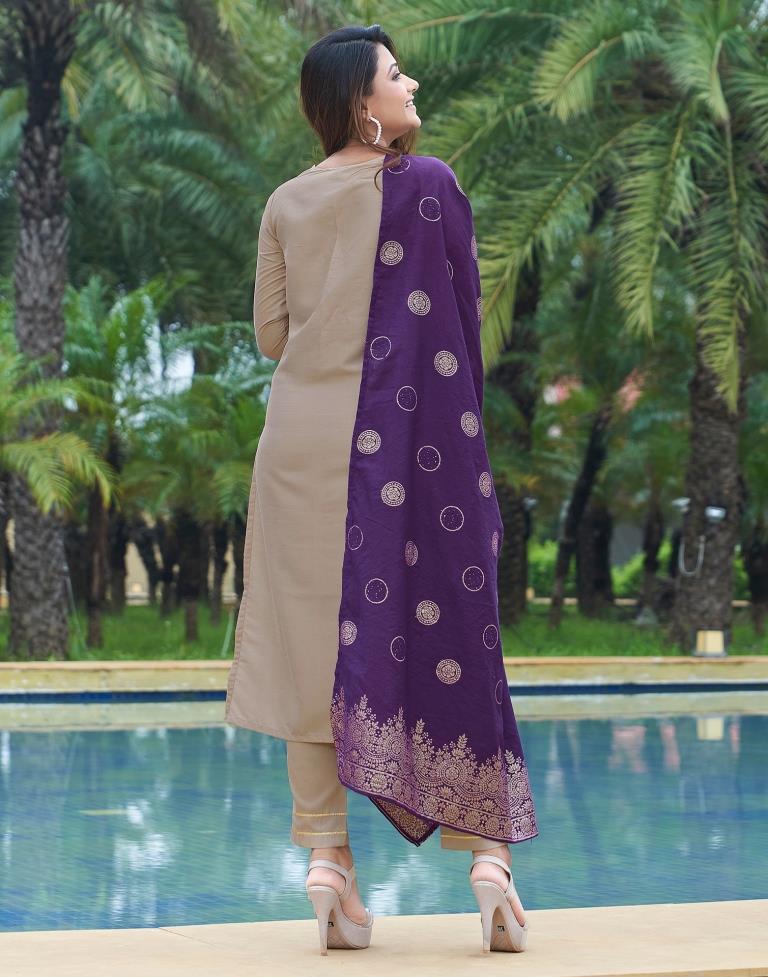 Beige Plain Silk Straight Kurta With Pant And Dupatta