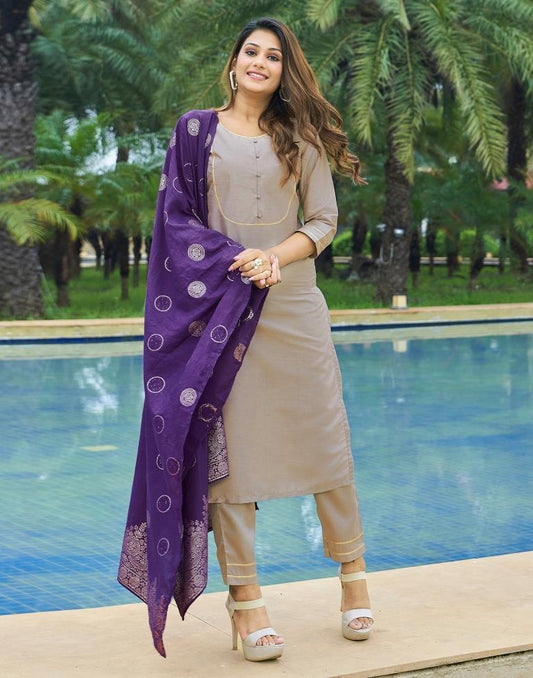 Beige Plain Silk Straight Kurta With Pant And Dupatta