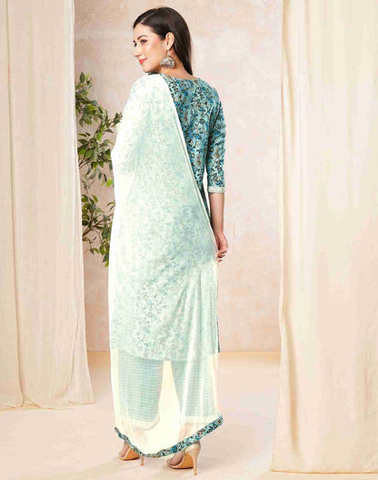 Light Blue Printed Cotton Straight Kurta With Pant And Dupatta